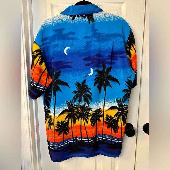 Kennington Hawaiian Shirt Mens Large Blue Sunset Palm Trees Short Sleeve - Picture 6 of 7